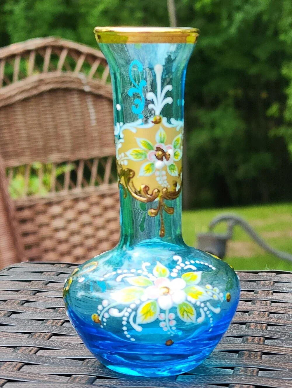 Vtg Glass Boho MCM Azure Blue Vase Hand painted Gold Embellishments Floral EUC
